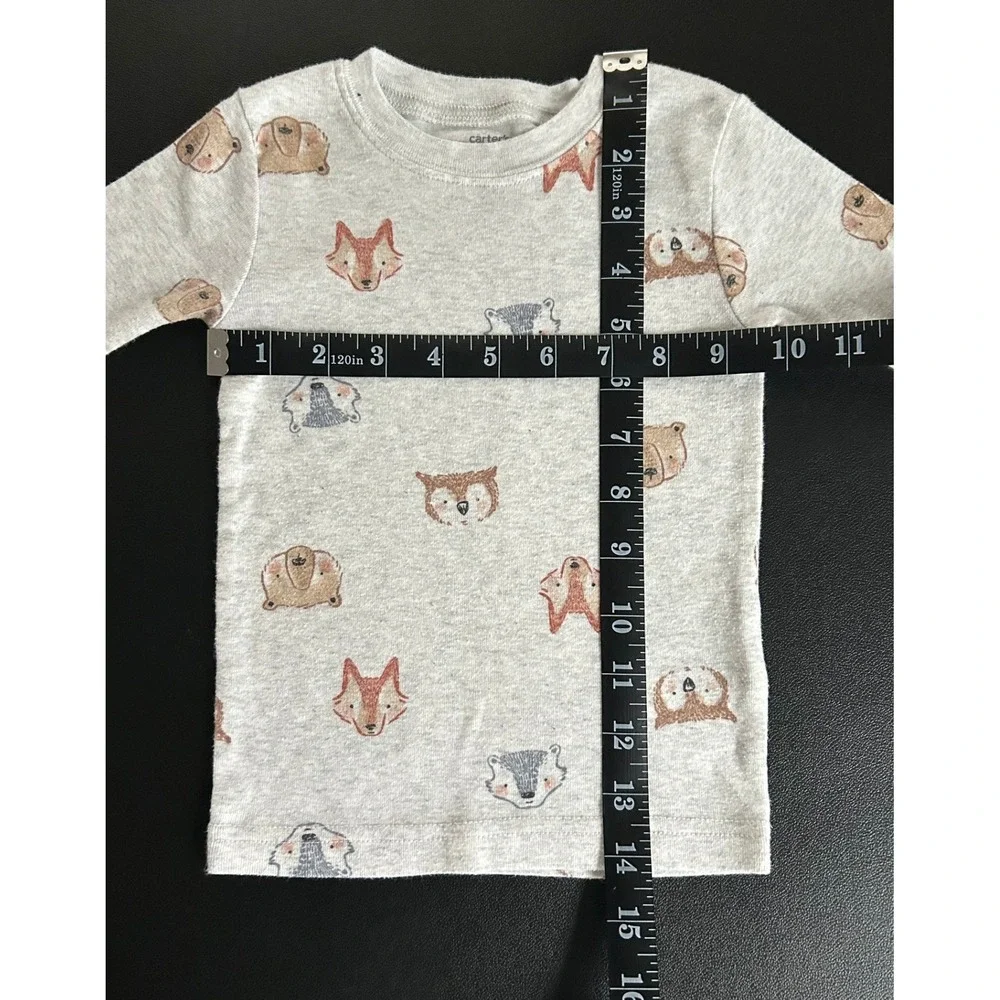 Carters Toddler 2T Gray Woodland Animal Fox Bear Owl Long Sleeve Pajama Top 1484
